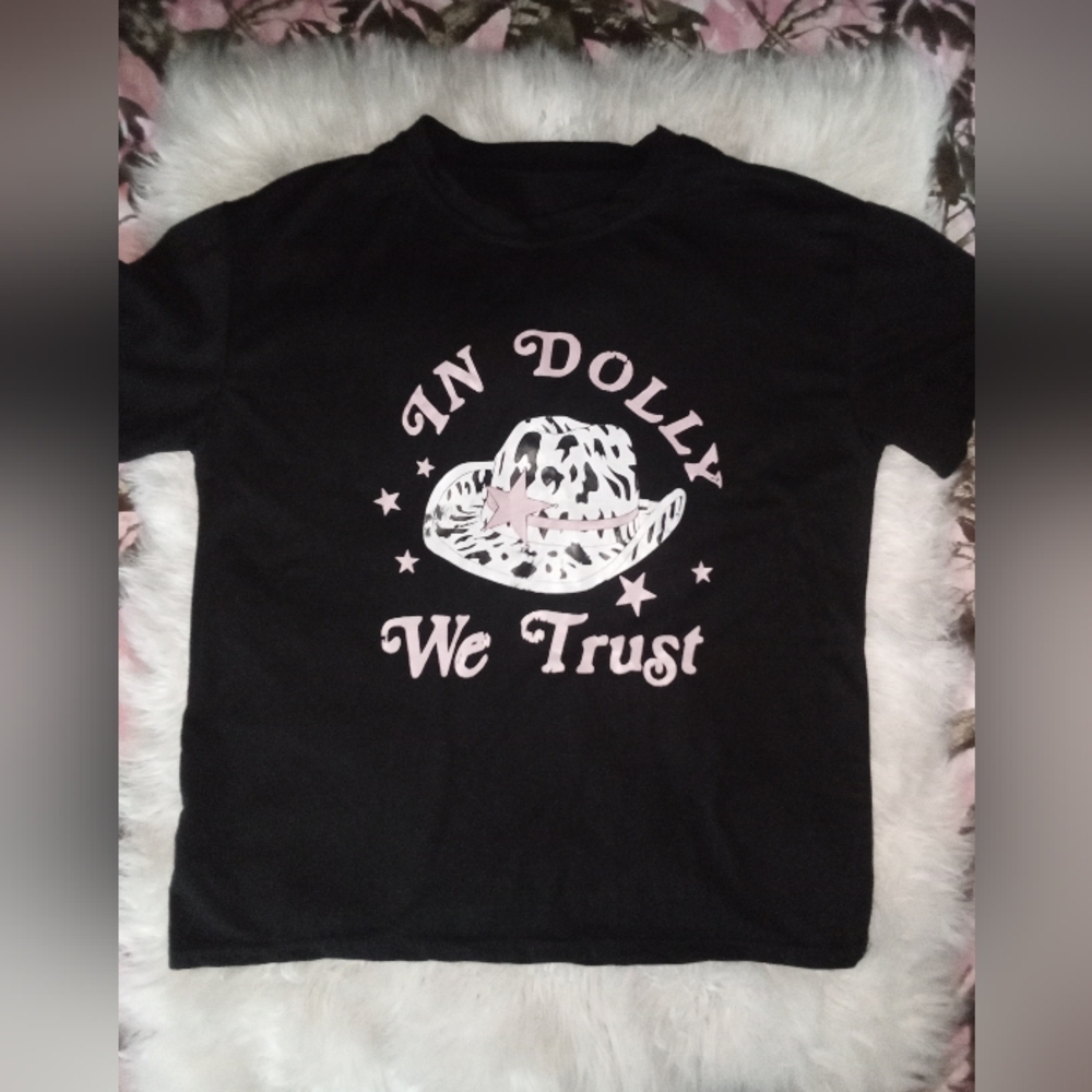 'In Dolly We Trust' Black Short Sleeve Tee with Light Pink Graphic